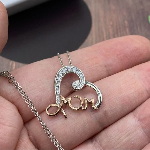 Sterling Silver Two Tone Rose Gold Mom CZ Heart Necklace - Picture 4 of 4